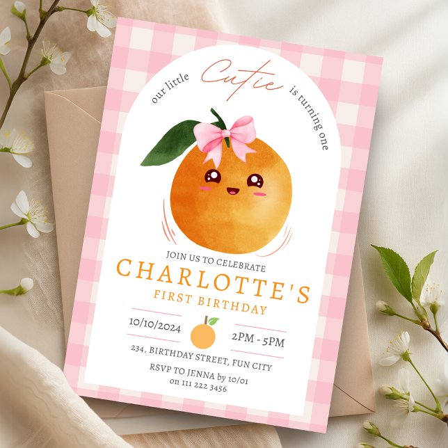 Invitation Summer Pink Little Cutie Orange 1st First Birthday (Summer Pink Little Cutie Orange 1st First Birthday Invitation)