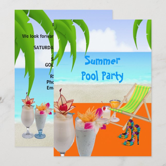 Invitation Summer Pool Beach Party Cocktails Tropical Beach (Devant / Derrière)
