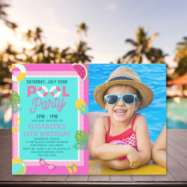 Invitation Summer Pool Birthday Bash Girl wIth Photo (Créateur téléchargé)