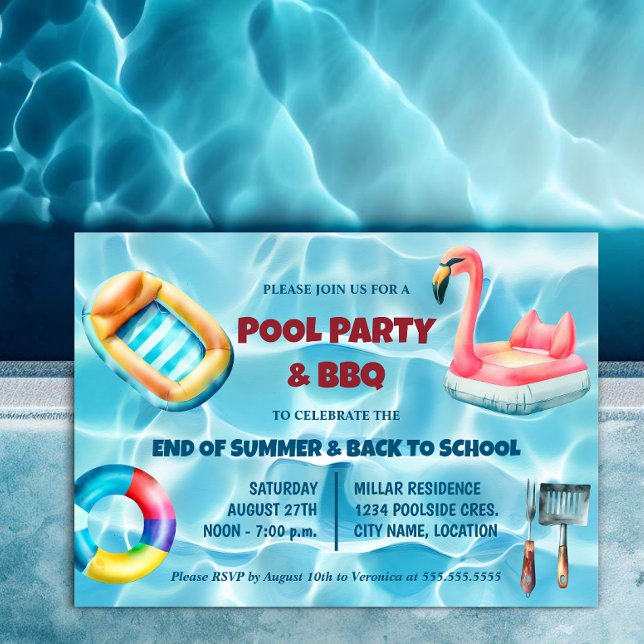 Invitation Summer Pool Party et BBQ (Pool party and BBQ invitation for end of summer or back to school celebration with family / friends.)
