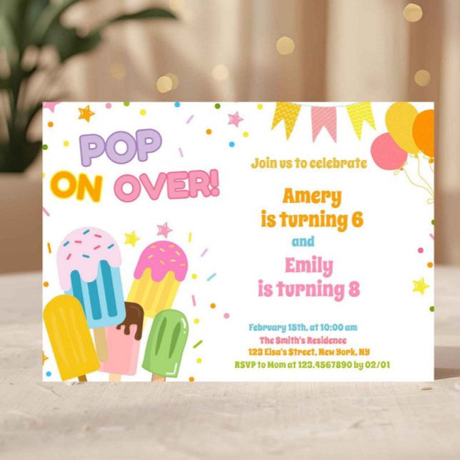 Invitation Summer Popsicle Kids Joint Birthday  (popsicle birthday invite, pop on over invitation, ice cream party invite, summer birthday invite, ki)