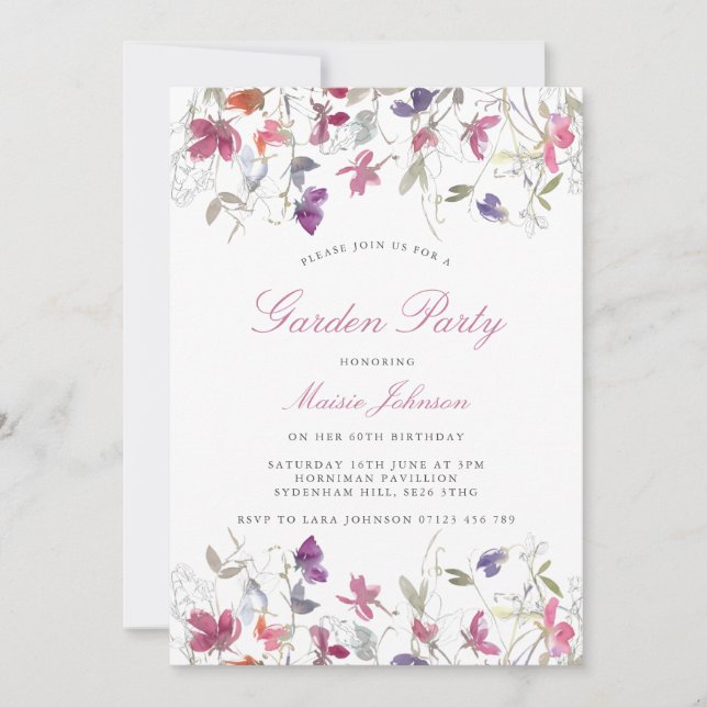 Invitation Summer Purple Sweet Pea Garden Fête Anniversaire (Devant)