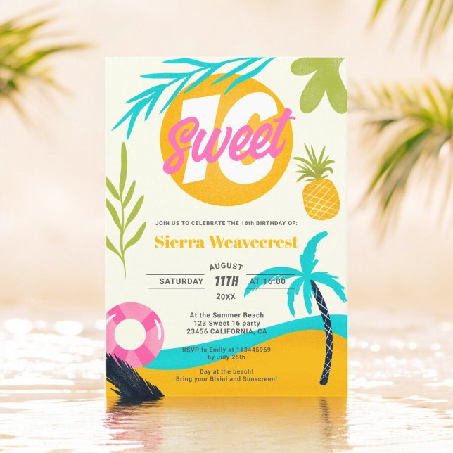 Invitation Summer Retro Tropical Beach Pool Sweet 16 photo (Summer Retro Tropical Beach Pool Sweet 16 photo Invitation)