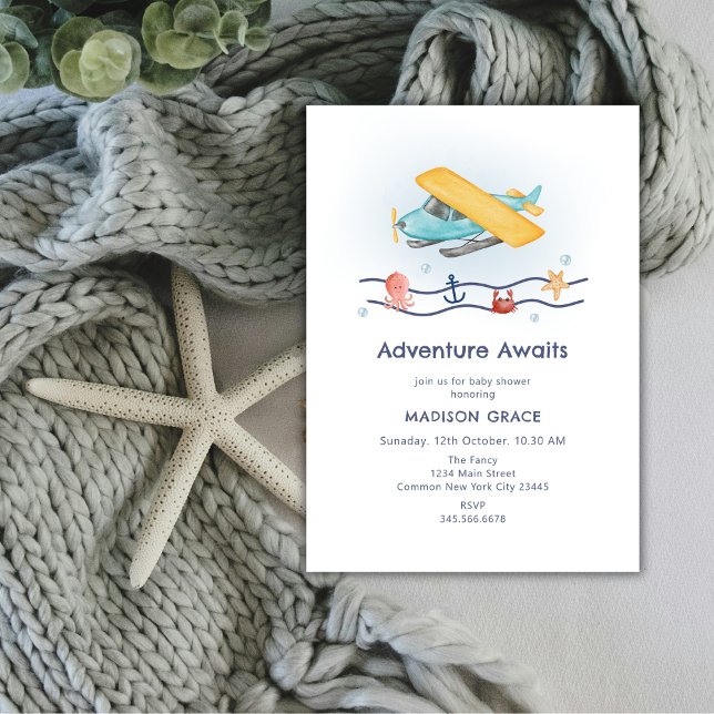 Invitation Summer Travel Adventure Baby shower hydravion (Summer Travel Adventure Sea Airplane Baby Shower Invitation)