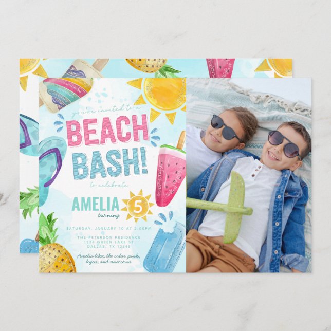 Invitation Summer Watercolor Beach Bash fête d'anniversaire (Devant / Derrière)