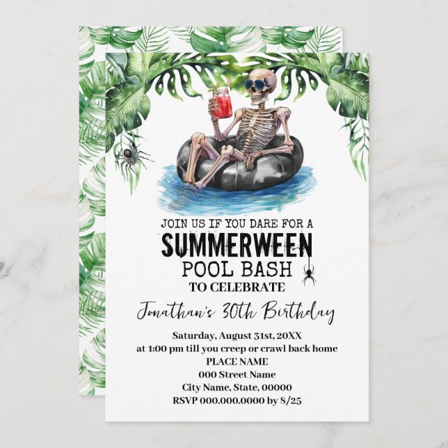 Invitation Summerween Tropical Skeleton Birthday Party (Devant / Derrière)