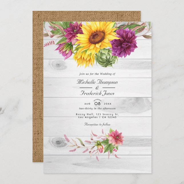 Invitation Sun & Burgundy Plum Floral Rustic QR Code Mariage (Devant / Derrière)