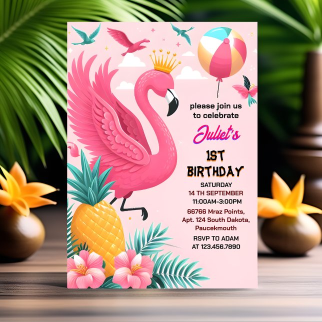 Invitation sun Luau Fly Pink Flamant rose Pool Party 1er anni (Créateur téléchargé)