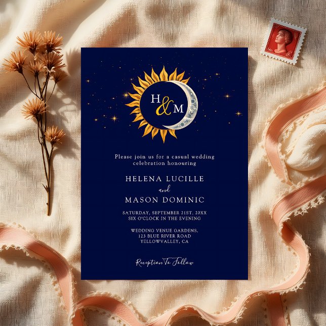 Invitation Sun Moon Stars Monogram Navy Blue Mariage (Créateur téléchargé)