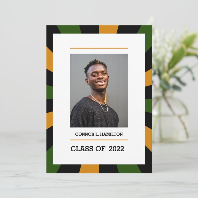 Invitation Sunburst | Green Orange Black Photo Graduation (Debout devant)