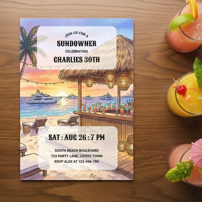 Invitation Sundowner Beach Bar Yacht Sunset 30th Party (Sunset beach cocktail party invitation)