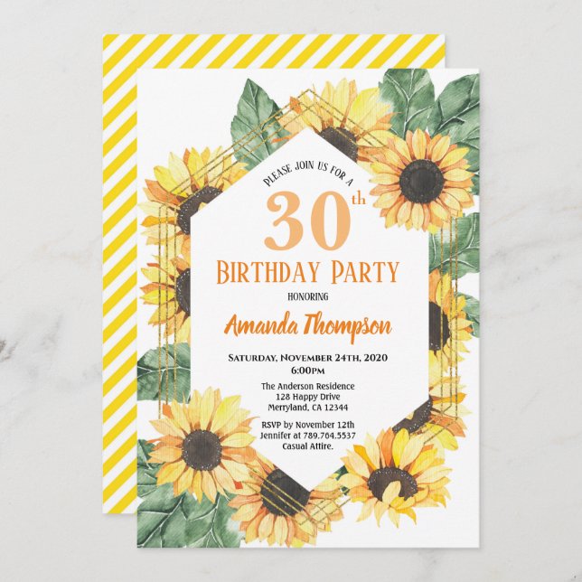 Invitation Sunflower 30e fête d'anniversaire Femmes (Devant / Derrière)