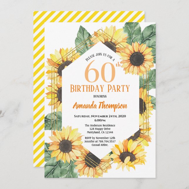 Invitation Sunflower 60e fête d'anniversaire Femmes (Devant / Derrière)