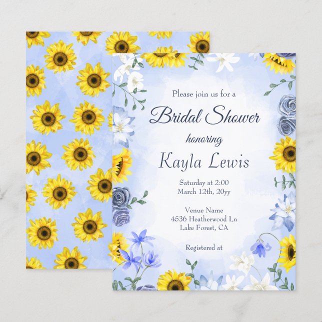 Invitation Sunflower and Dusty Blue Rose Bridal Shower (Devant / Derrière)