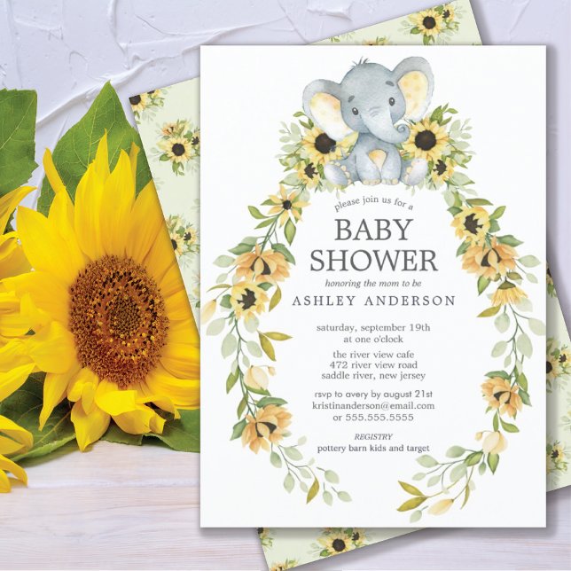Invitation Sunflower & Baby Elephant Baby shower (Créateur téléchargé)