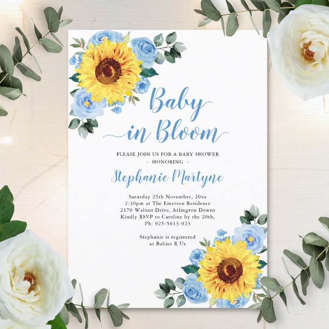 Invitation Sunflower Baby En Fleur Dusty Baby shower bleu (Créateur téléchargé)