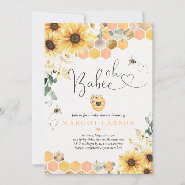 Invitation Sunflower Bee Baby shower Oh Babee Baby shower (Devant)