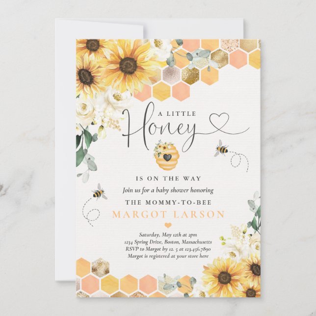 Invitation Sunflower Bee Baby shower Petit Miel En Route (Devant)