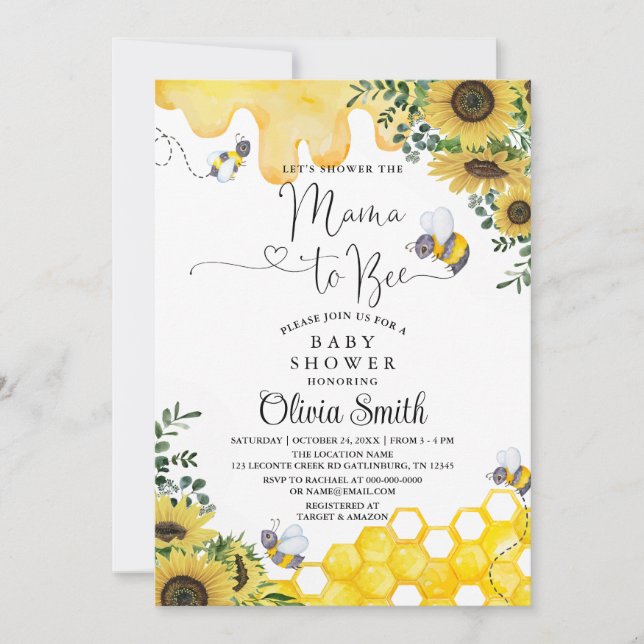 Invitation Sunflower Bee Mama to Bee Floral Baby shower (Devant)
