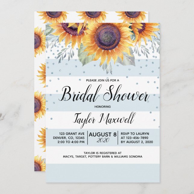 Invitation Sunflower bleu rayures confetti automne nuptiale d (Devant / Derrière)