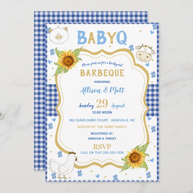 Invitation Sunflower Blue En vichy bébé Q Barbecue (Devant / Derrière)
