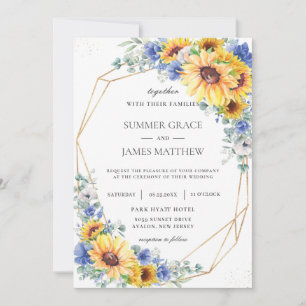 Invitation Sunflower Blue Floral Greenery Mariage géométrique