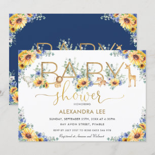 Invitation Sunflower Blue Floral Jungle Baby shower Animaux 