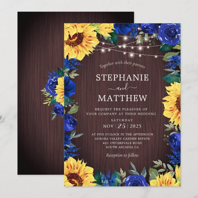 Invitation Sunflower Blue Floral Lights Mariage en bois (Devant / Derrière)