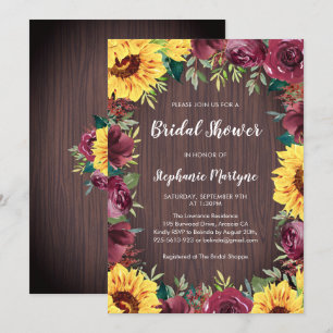 Invitation Sunflower Bourgogne Fête des mariées en bois flora