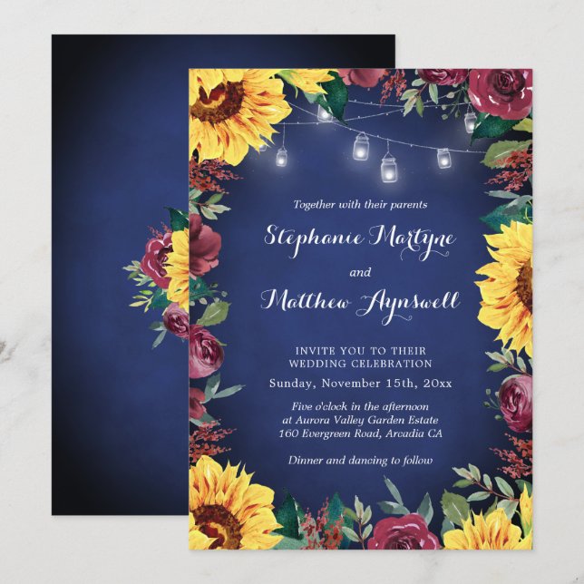 Invitation Sunflower Bourgogne Floral Navy Jar Lights Mariage (Devant / Derrière)