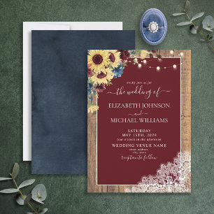Invitation Sunflower Bourgogne Marine Blue Wood Lace Mariage 