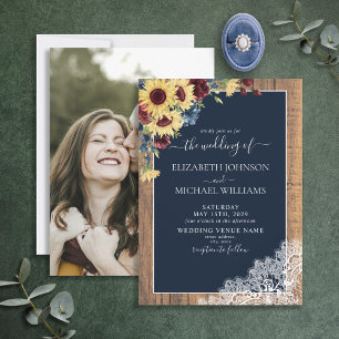 Invitation Sunflower Bourgogne Marine Mariage photo en bois b