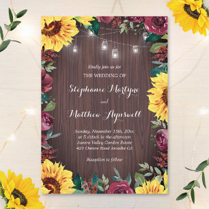 Invitation Sunflower Bourgogne Rose Wood Jar Lights Mariage