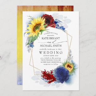 Invitation Sunflower Bourgogne Rouge et bleu marine Mariage d