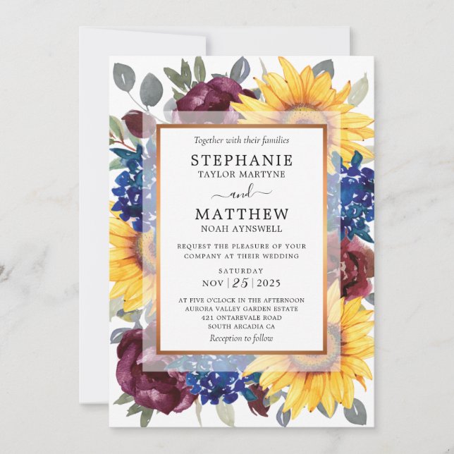 Invitation Sunflower Burgundy Marine Floral Mariage de automn (Devant)