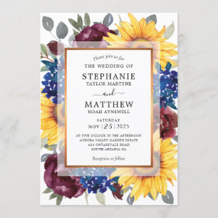 Invitation Sunflower Burgundy Marine Floral Mariage frontière