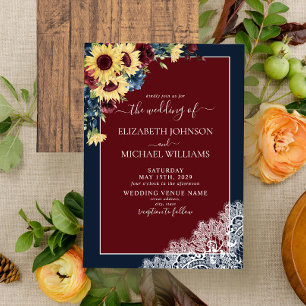 Invitation Sunflower Burgundy Navy Blue Wood Script Mariage