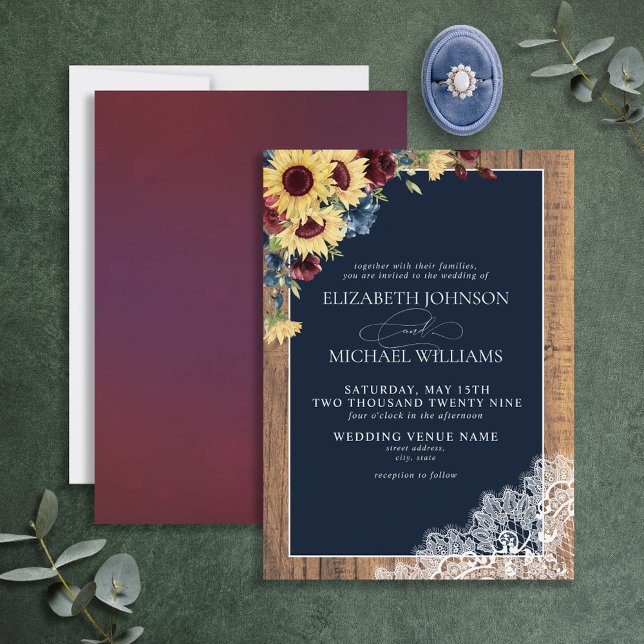 Invitation Sunflower Burgundy Navy Blue Wood Script Mariage (Créateur téléchargé)