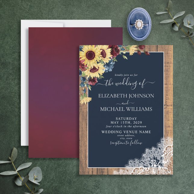 Invitation Sunflower Burgundy Navy Blue Wood Script Mariage (Créateur téléchargé)