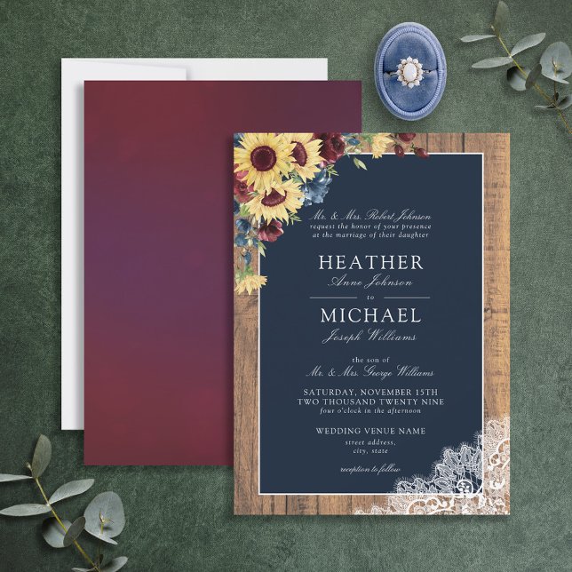 Invitation Sunflower Burgundy Navy Blue Wood Script Mariage (Créateur téléchargé)