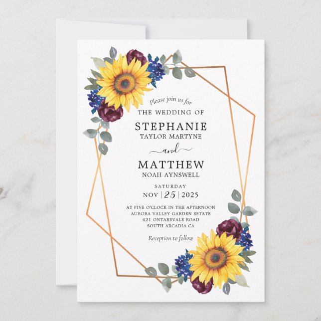 Invitation Sunflower Burgundy Navy Floral Mariage géométrique (Devant)