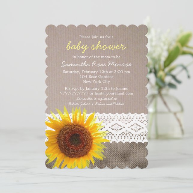Invitation Sunflower Burlap & Crochet Lace Baby shower (Debout devant)