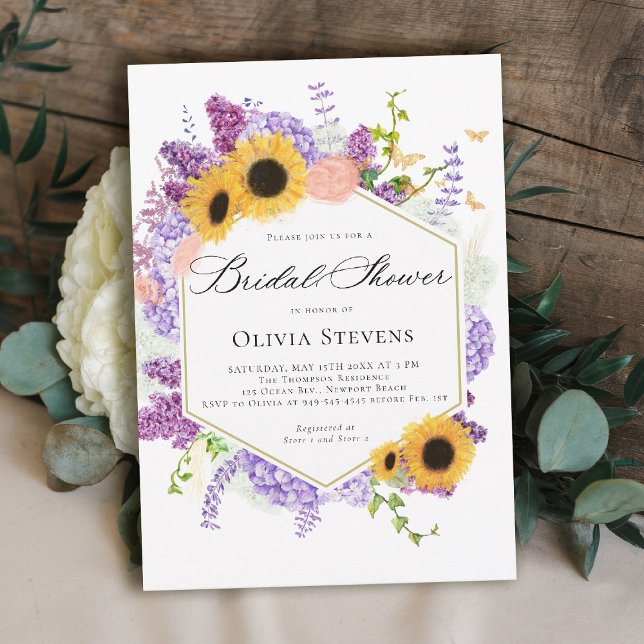 Invitation Sunflower Butterflies Lilac Hexagon Bridal Shower (rustic bridal shower invitation sunflower lilac butterflies boho romantic elegant hexagon)