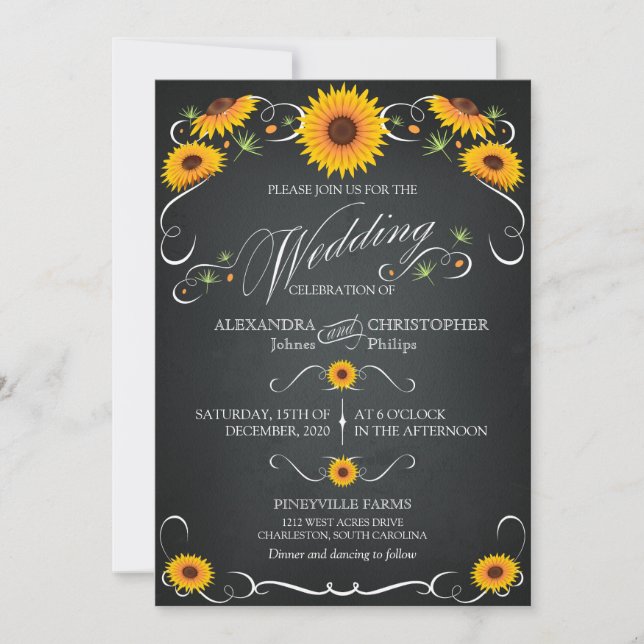 Invitation Sunflower Chalkboard Floral Vintage Bold Mariage (Devant)