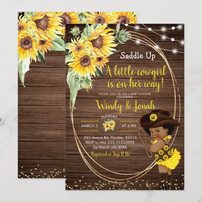 Invitation Sunflower Cowgirl rustique Afro Girl Baby shower I (Devant / Derrière)