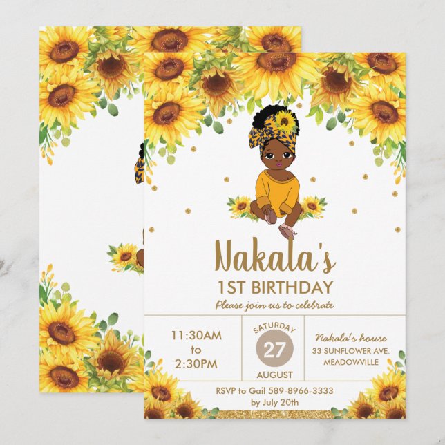 Invitation Sunflower Cute African American Girl 1er anniversa (Devant / Derrière)