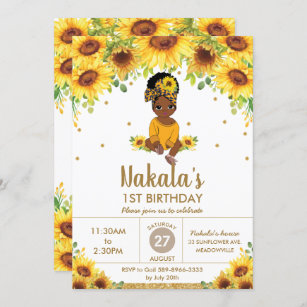 Invitation Sunflower Cute African American Girl 1er anniversa