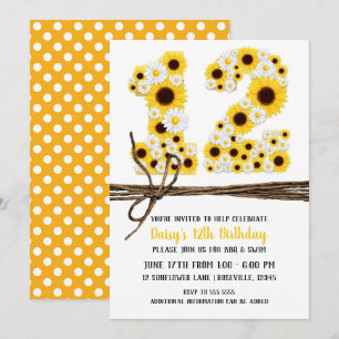 Invitation Sunflower & Daisies DOUZE 12 12e fête d'anniversai