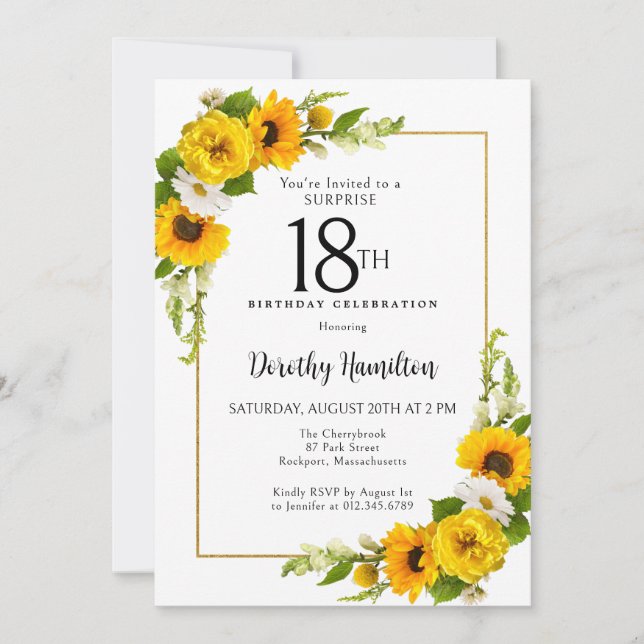 Invitation Sunflower Daisy 18e anniversaire Surprise Party (Devant)