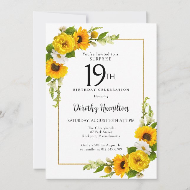 Invitation Sunflower Daisy 19e anniversaire Surprise Party (Devant)